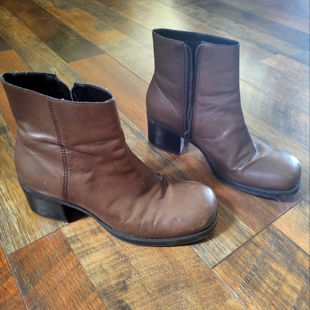 Nine West Heeled Leather Ankle Boots, Brown, Size 8, Round Toe